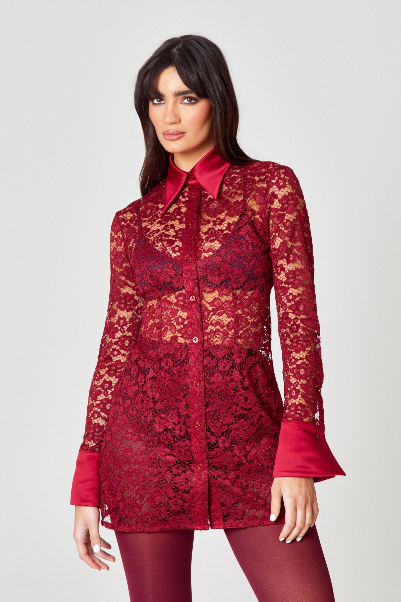 Bordeaux Lace Shirt Dress Hyphen Bordeaux Lace Shirt Dress Hyphen