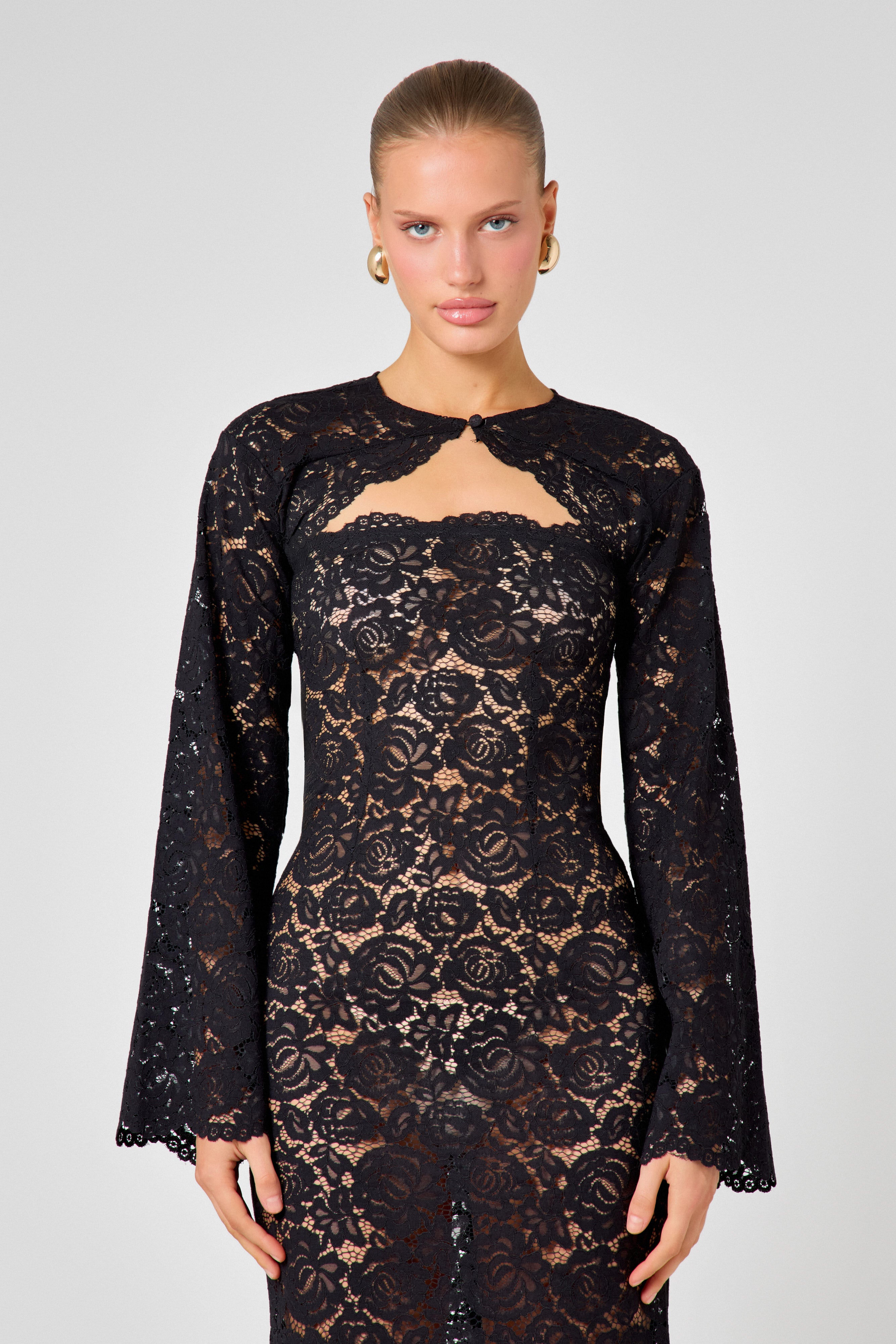 princess polly baby blue dress Black Lace Bardot Long Sleeve Mini Dress main image 0