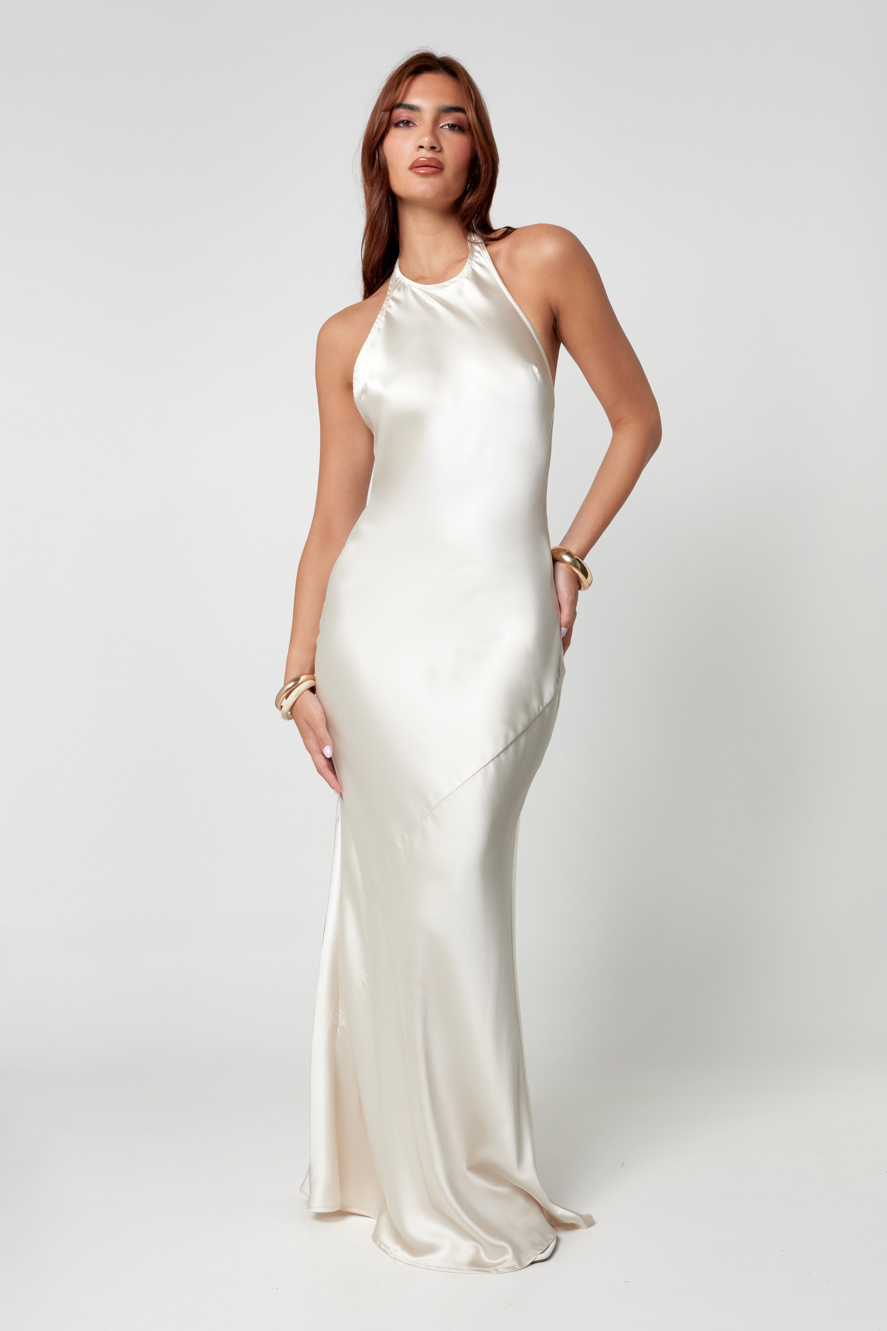 chinese dress ladies Ivory Satin Maxi Dress – Hyphen